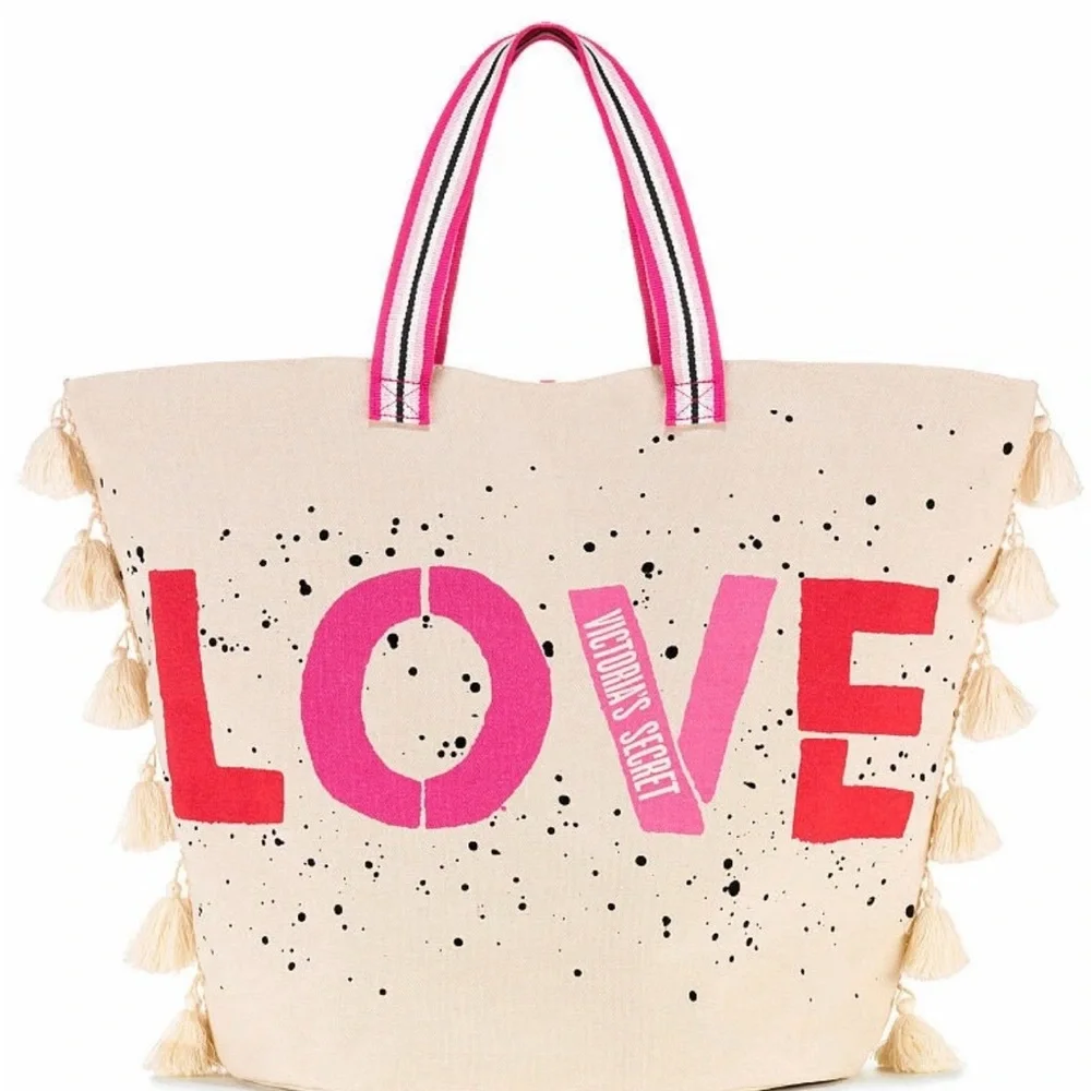 Victoria's Secret Pink & Red LOVE Canvas Tote with Tassels Weekender Beach Bag
